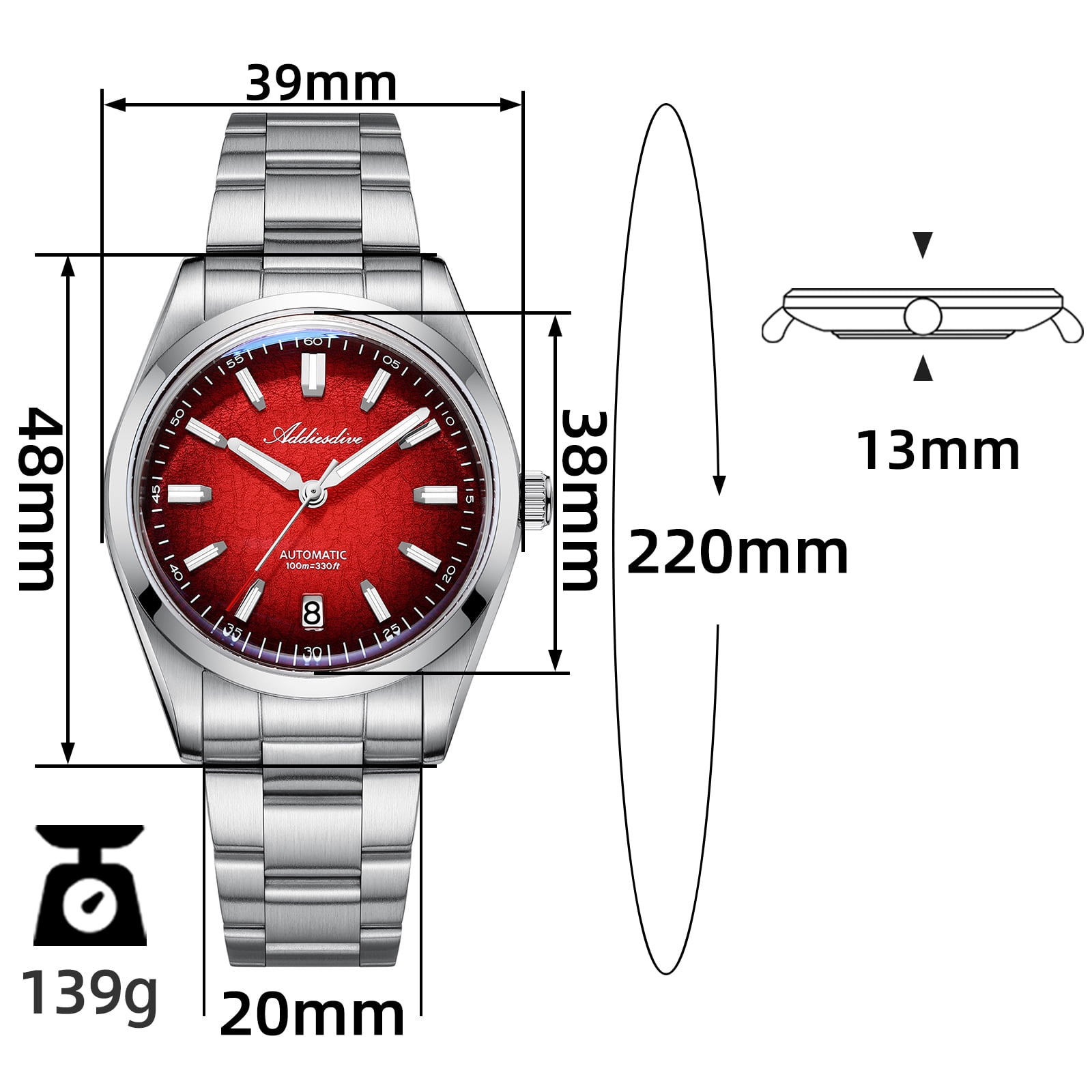 ADDIESDIVE Men's Automatic Stainless Steel Watch, Japanese Movement, 100m Waterproof Dive Watch  3D Crack Red Dial, BGW9 Luminous