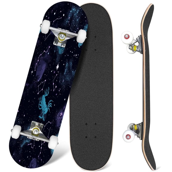 31'' Complete Skateboard 7 Layer Canadian Maple Double Kick Deck Skateboards Space Galaxy constellation print could be used for Skate Board for Beginner Adult Gifts