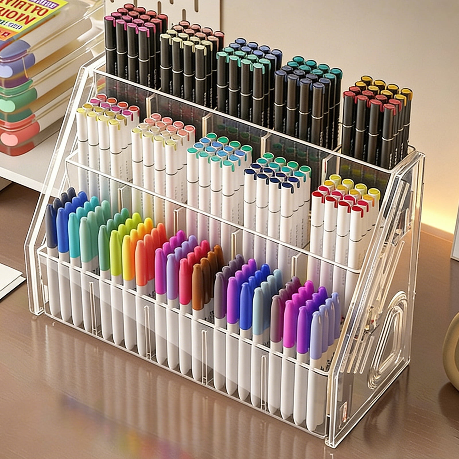Desk Art Marker Organiser Multi Compartments Clear Acrylic Marker Pen Storage Rack for Pencils Highlighters Art Supplies