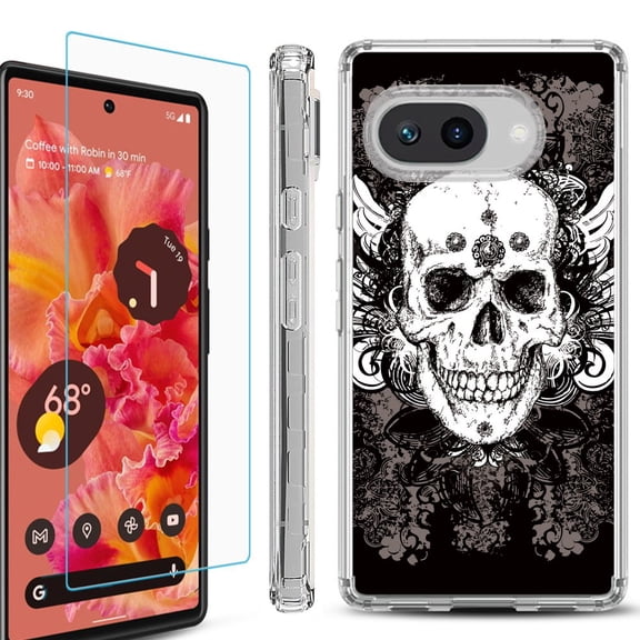 For Google Pixel 9a Phone Case Cover, Shockproof Bumper Case with Tempered Glass Screen Protector, by OneToughShield - Grunge Skull