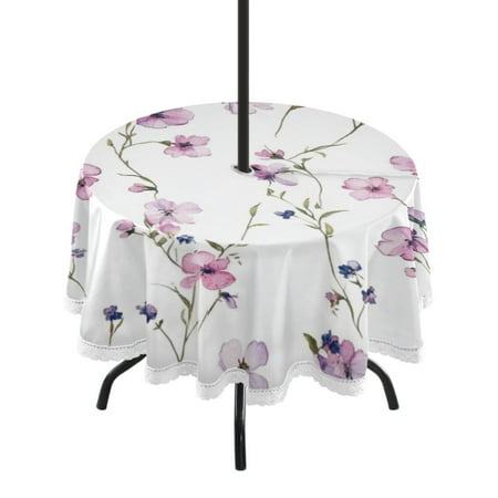 

60 Outdoor Round Tablecloth with Umbrella Hole & White Lace Trim Waterproof Patio Table Cover for Garden Kitchen Dining Watercolor Small Pink Wildflowers