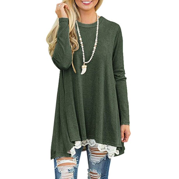 Andaa Mujer Cuello Redondo Manga Larga Encaje Empalme Swing Camisa Vestidos Túnica Larga Blusas Camisas para Leggings Verde