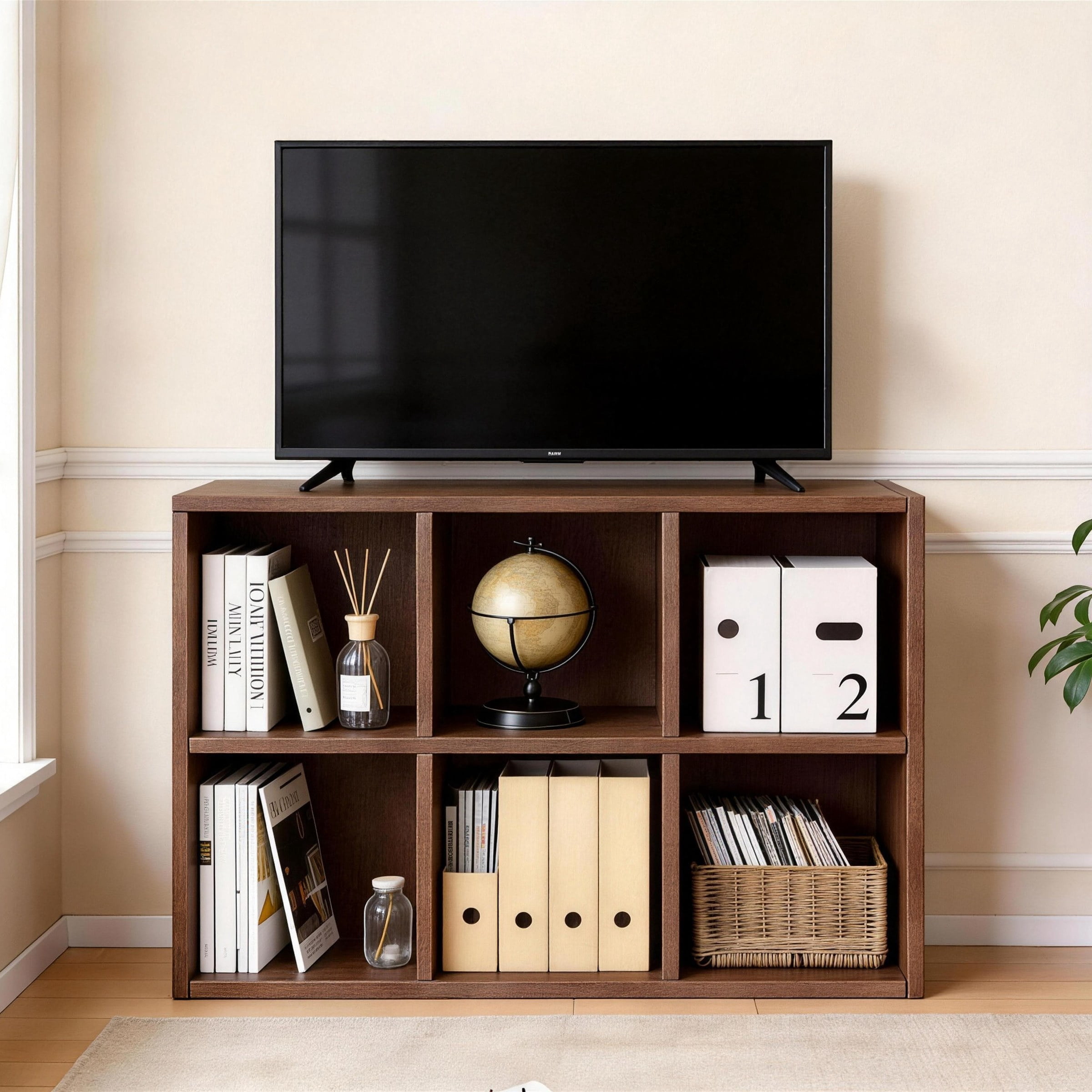 Solid Wood Bookshelf with 6 Storage Compartments, Walnut