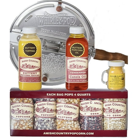 Amish Country Popcorn - 6 Quart Whirley Pop Stovetop Popcorn Popper Gift Set - Old Fashioned, Non GMO, and Gluten Free