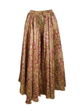 Mogul Women Maroon Maxi Skirt Wide Leg Full Flare Vintage Printed Sari Divided Uneven Gypsy Hippie Chic Long Skirts S