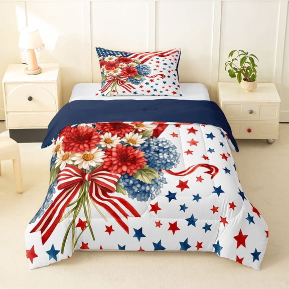 Manfei Watercolor Flowers Stars Twin Comforter Sets,Us Flag 4Th Of July Bedding Set,Red White Blue,Navy Blue Reversible,2-Piece,1 Comforter and 1 Pillowcase