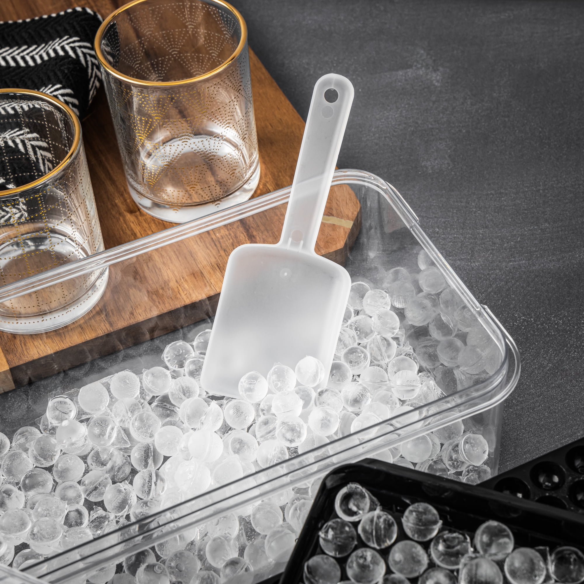 (2 pack) Thyme, Ice Cube Tray, & Table New Ice Tray Mold Set with Scoop, Black, convenient for portable cold storage.