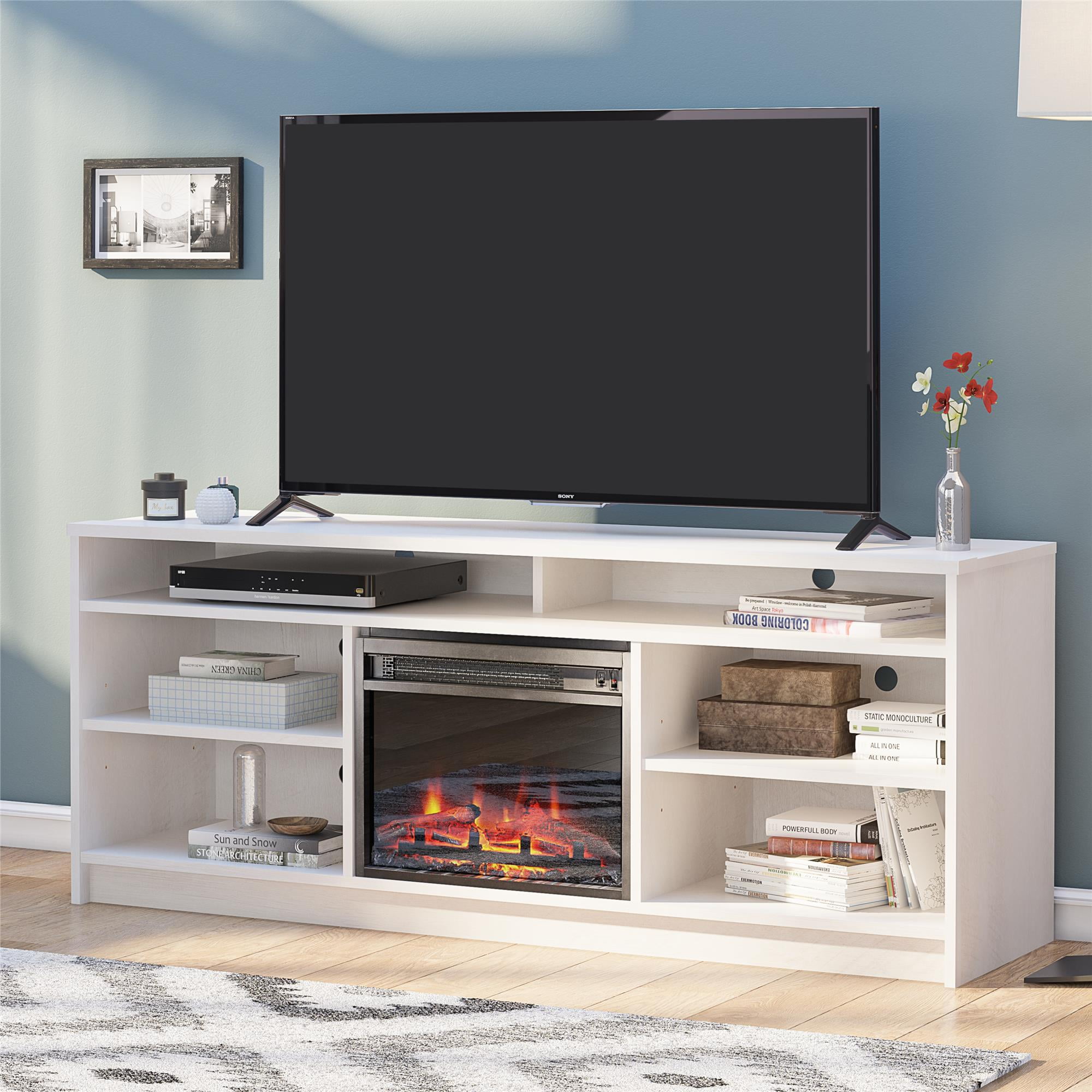 Ameriwood Home Heston 65" TV Stand with Electric Fireplace Insert and 6 Shelves, Ivory Oak