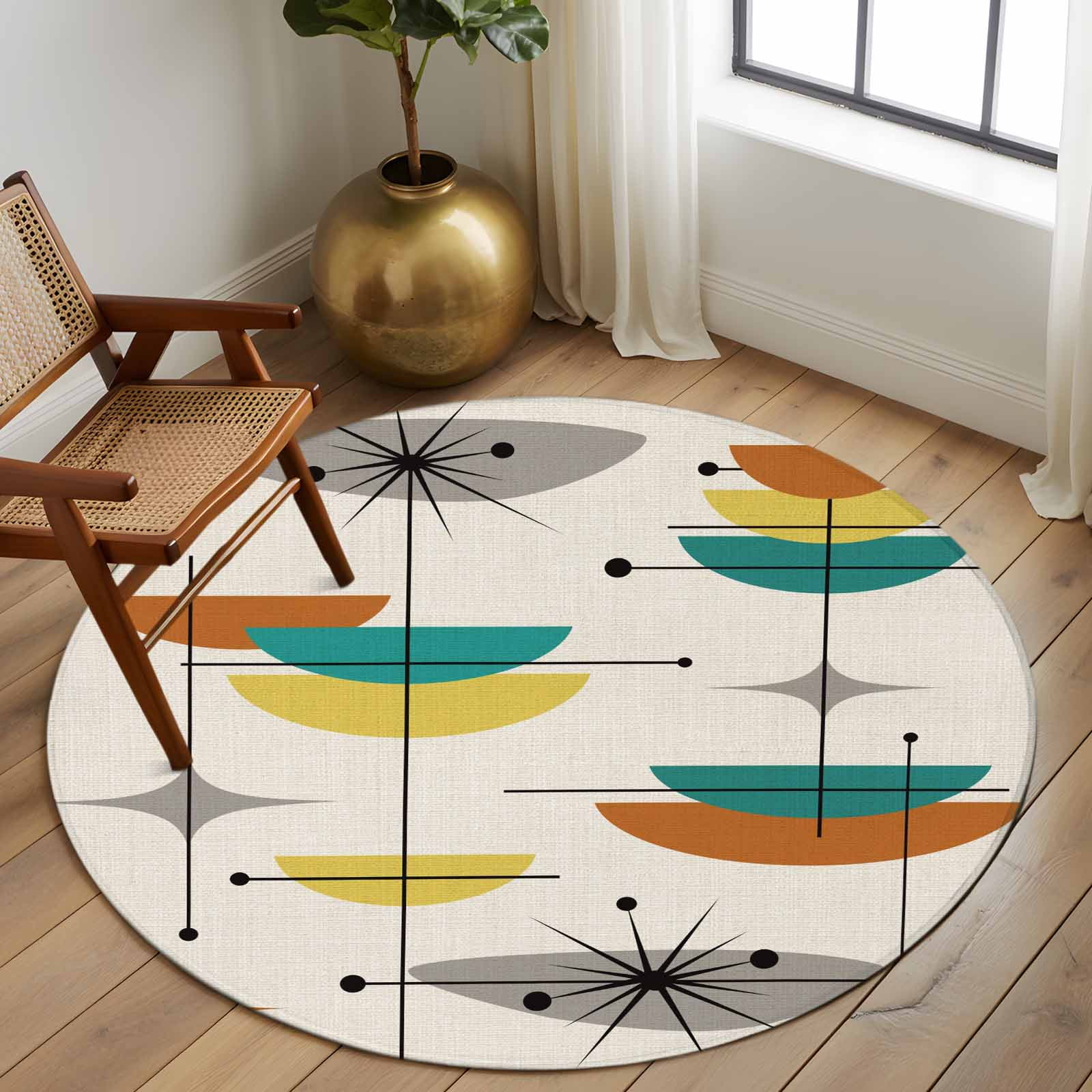 Boho Modern Round Rugs 8ft, Middle Century Teal Yellow Orange Geometric Non Slip Washable Rug Runner, Low Pile Indoor Floor Carpet Mat Bathroom Rugs for Living Room, Bedroom, Kids Room