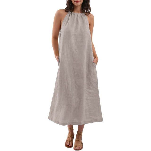 Kaemgyyd Robes à Col Licou pour Femmes Été Sans Manches Robe d'Été Décontractée Plage Vacances Fluide Bohème Mi-Longue avec Poches