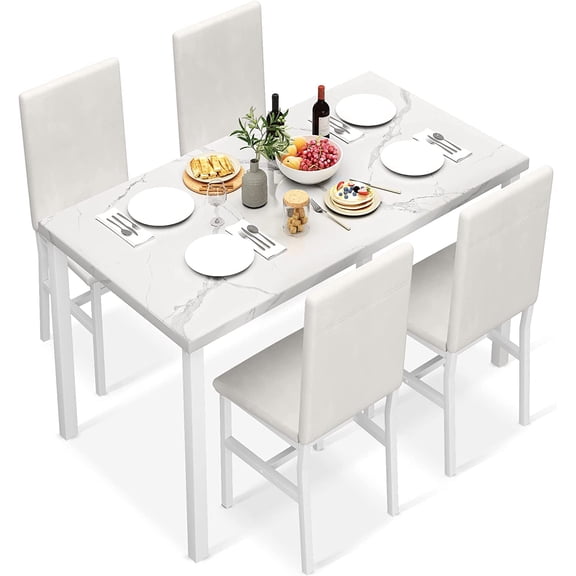 Cvortll 5 Piece Dining Room Furniture Table Set,30.1” H Faux Marble Tabletop and 4 PU Leather Chairs