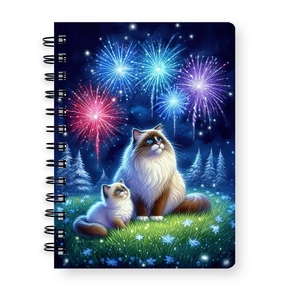 Happy New Year Ragdoll Family Cheer Winter Midnight Firework Spiral Bound Journal Cat Lover Kitten Owner Gifts Idea 5x7in Spiral Notebook - 02025