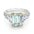 thumbnail image 2 of Gem Stone King 925 Sterling Silver and 10k Yellow Gold Sky Blue Simulated Aquamarine and White Moissanite 3 Stone Engagement Ring for Women (4.23 Cttw, Octagon Cut 10X8MM, Size 7), 2 of 4