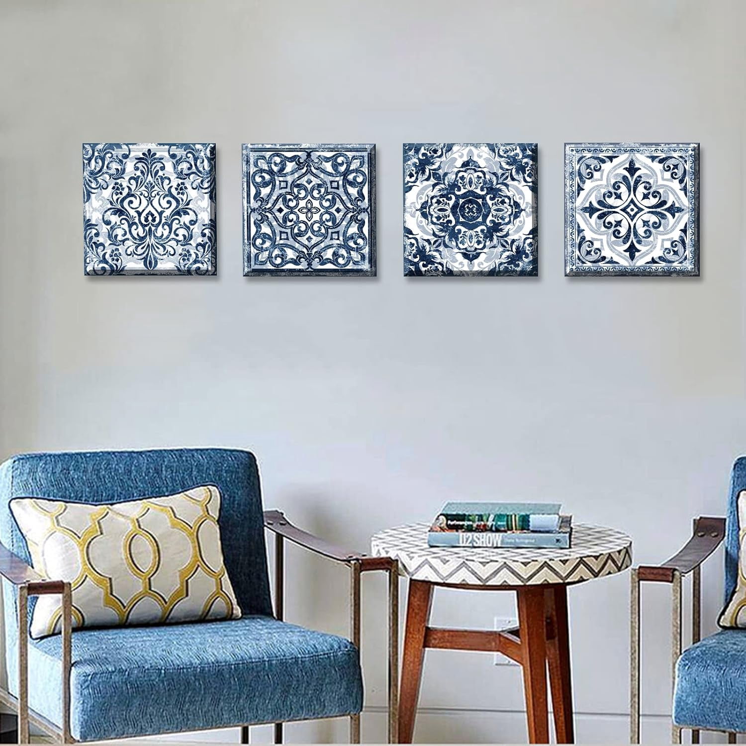 Bathroom Wall Decor Navy Blue Flower Paintings Canvas Prints Decoration Vintage Wall Art for Bedroom Framed Ready to Hang 12" Wx12 Hx4 pcs
