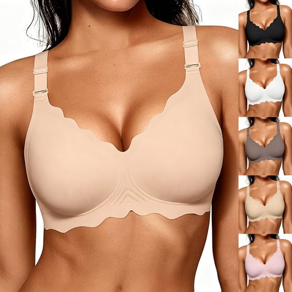 Qwertyu Wireless Jelly Bras for Women No Underwire Scalloped Push Up Bralettes Seamless Soft Comfort Everyday Tshirt Bra Complexion 36