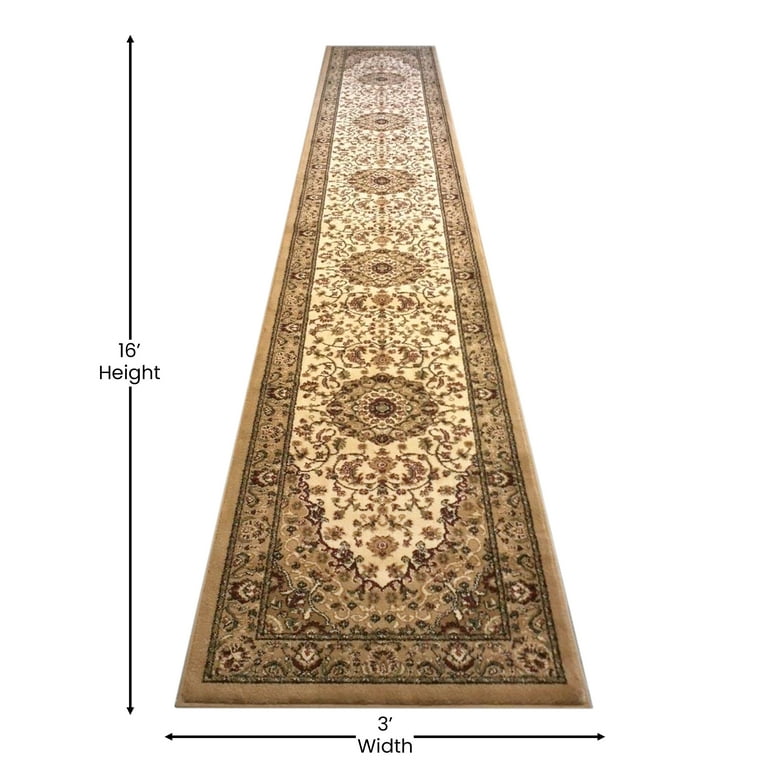 Traditional Brown Long Runner Rug - 32" X 15'10" - Beige & Black Design #121 - Lays Flat, Easy Clean