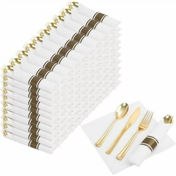 400PCS Pre Rolled Gold Plastic Silverware Sets - Heavy Duty Gold Cutlery - Include 100 Pack Wrapped Disposable Utensils with Napkins for Parties, Dinners & Weddings