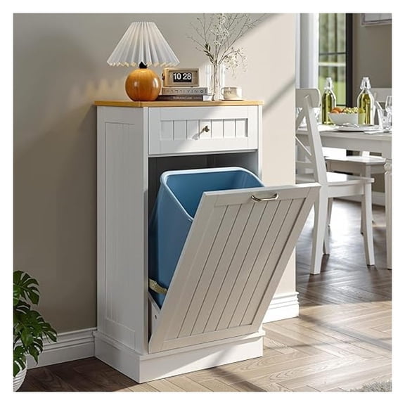 Tilt Out Trash Bin Cabinet Dog Proof Trash Can Holder Kitchen Island Without Garbage Bin or Tilt Out Laundry Hamper (White)