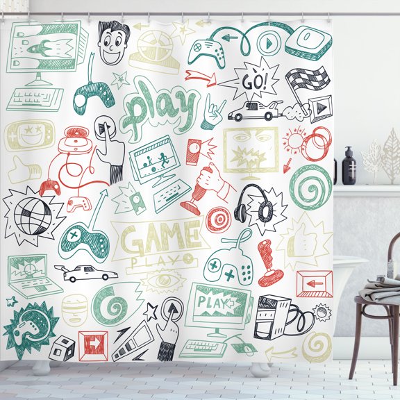 Ambesonne Video Games Shower Curtain, Monochrome Gaming 90s, 69"Wx70"L, Pale Sage