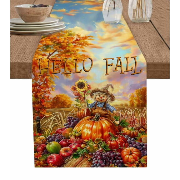 Hello Fall Burlap-Cotton Table Runner 90 Inches Long,Scarecrow Pumpkins Harvest Thanksgiving Farmhouse Table Runners,Outdoor Dining Tablecloths Decor for Baby Shower Party Wedding 13x90