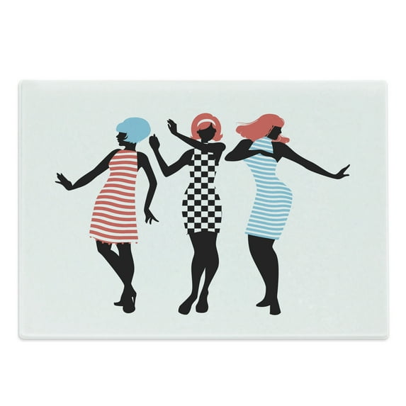 Vintage Cutting Board, Silhouettes of Girls Dancing Making Swift Moves, Decorative Tempered Glass Cutting and Serving Board, in 3 Sizes, by Ambesonne