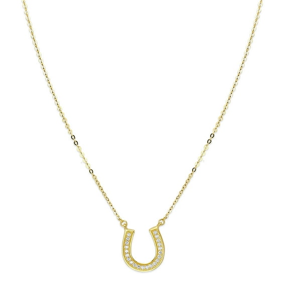 Wellingsale 14k Yellow Gold Polished Pave CZ Cubic Zirconia Lucky Horseshoe Pendant Necklace - 17"