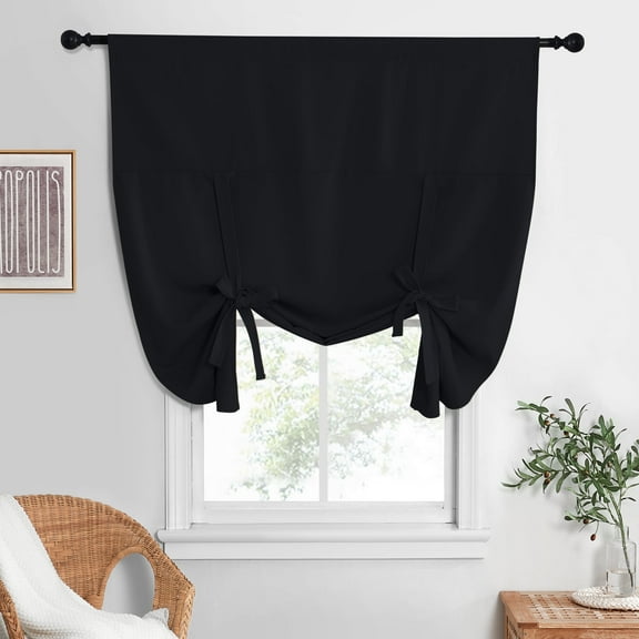 NICETOWN Blackout Curtain for Kitchen, Energy Efficient Tie Up Balloon Roman Window Shade Rod Pocket Privacy Thermal Insulated Room Darkening Drape, Black, 52"x63", 1 Panel