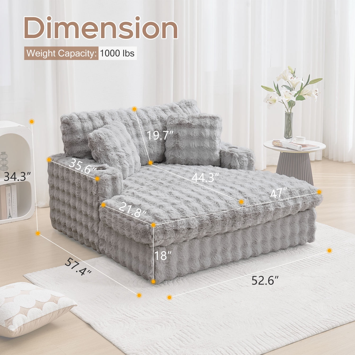 Faux Fur Upholstered Plush Fabric and Wood Frame Sleeper Sofa with Chaise, Gray