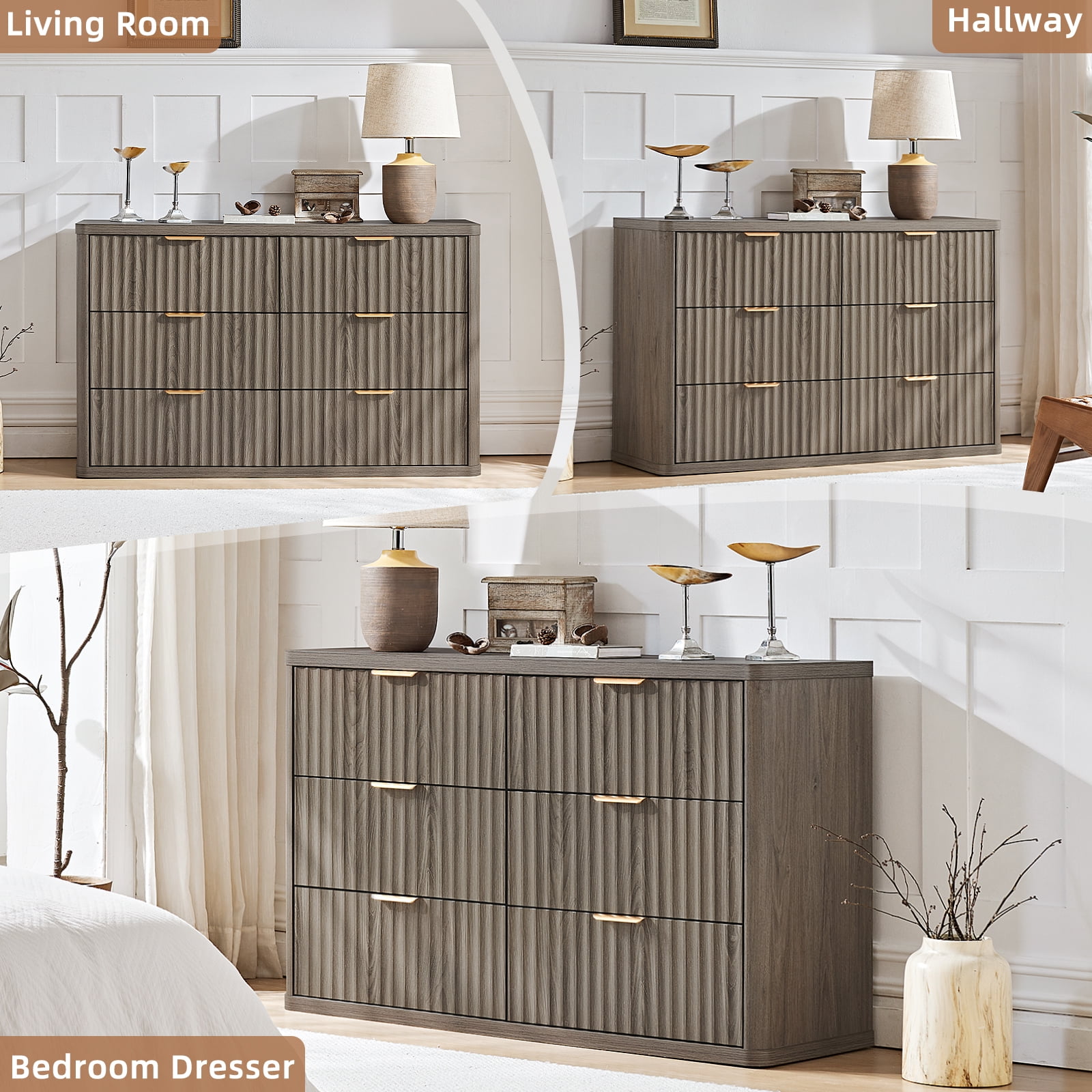 48" Wide 6 Drawer Dresser for Bedroom, Farmhouse Chest of Drawers with Metal Handles, Fluted Wood Storage Cabinet for Living Room, Grey