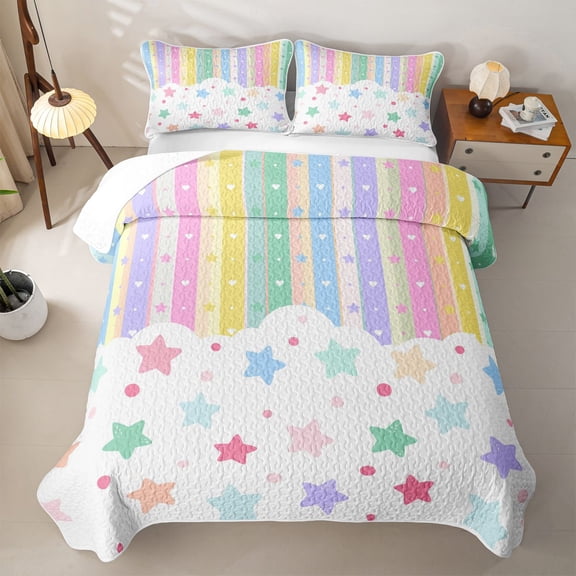 Erosebridal Kawaii Rainbow Stars Twin Quilt Set,Cute Colorful Lines Art Twin Coverlet Set For Girls,2-Piece