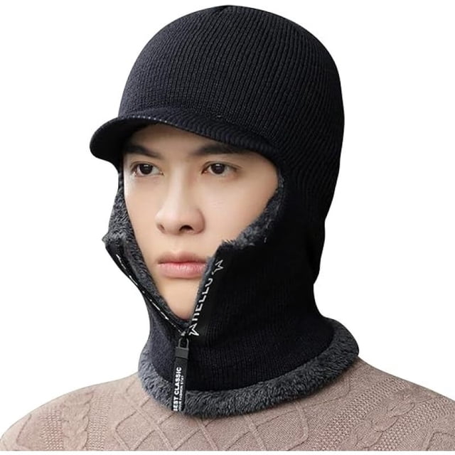 Mens Hat Fleece Lined, Winter Hat Scarf Mask Set, Mens Winter Hat, Knitted Warm Earmuff hat Black One Size