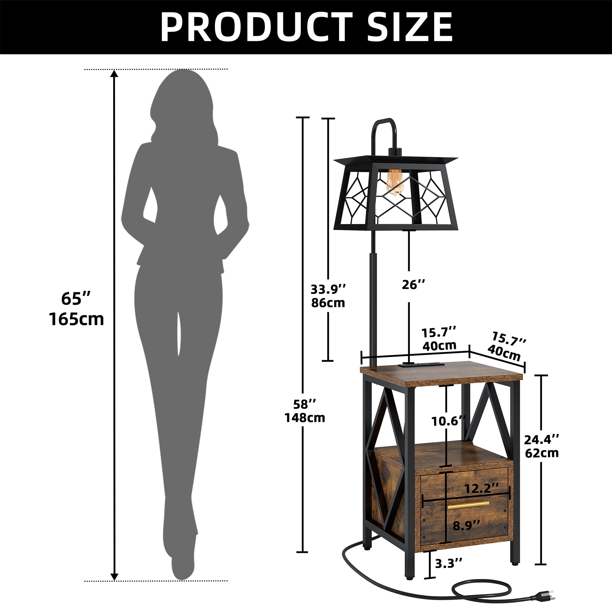 Dextrus 58" Floor Lamp with Table for Bedroom Livingroom, End Table Side Table Nightstand with Lamp and Charging Station, Brown