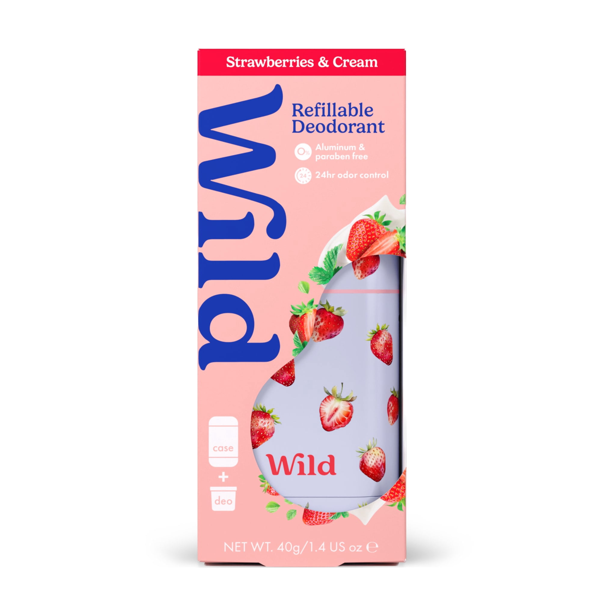 Wild Refillable Deodorant Starter Pack – Aluminum Free. Strawberry Case + Strawberries & Cream Refill, for Women and Men, 1.4oz
