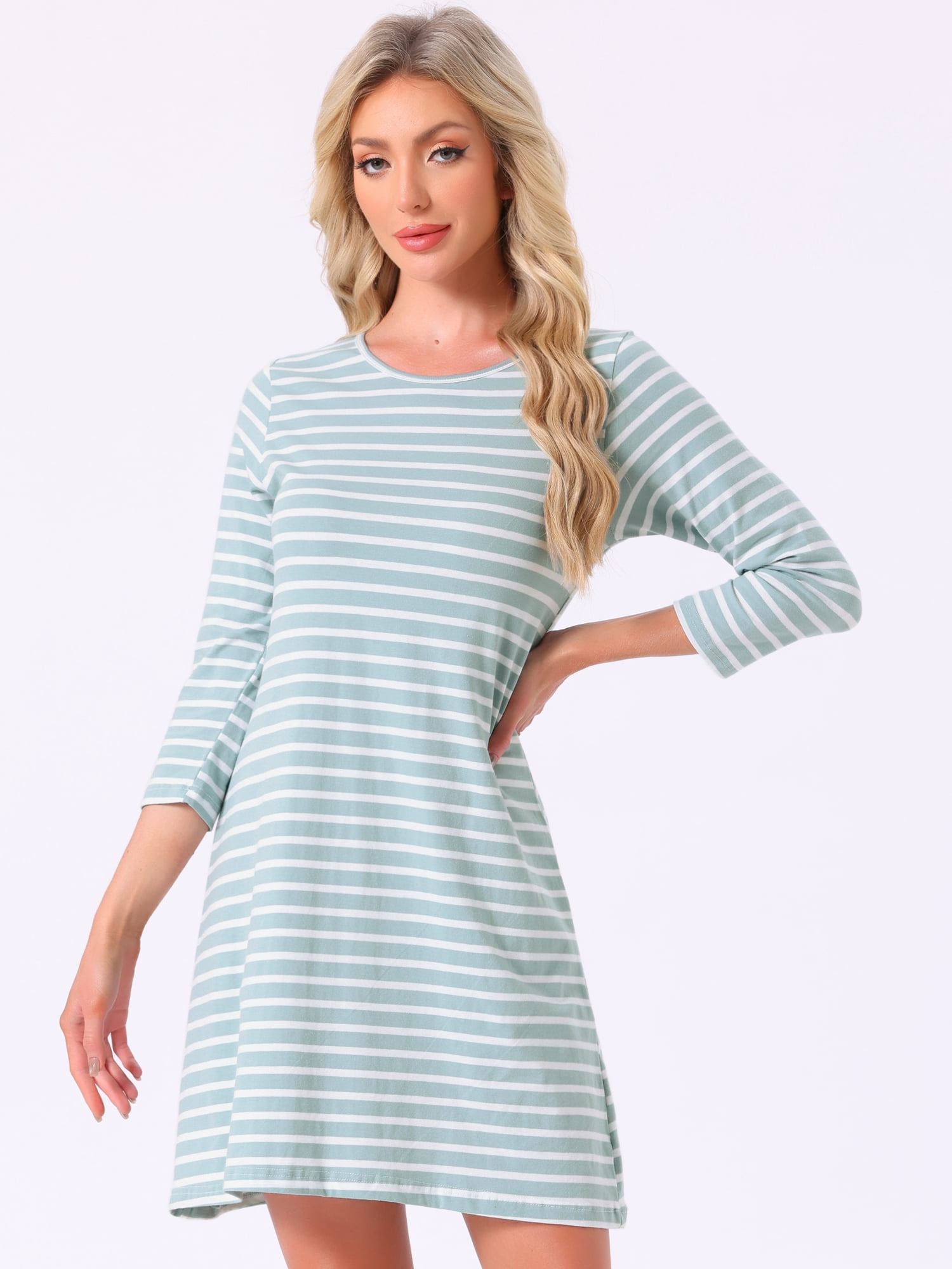 DARING DIVA Women's Cotton Stripe 3/4 Sleeve Round Neck Midi Sleepdress L Green