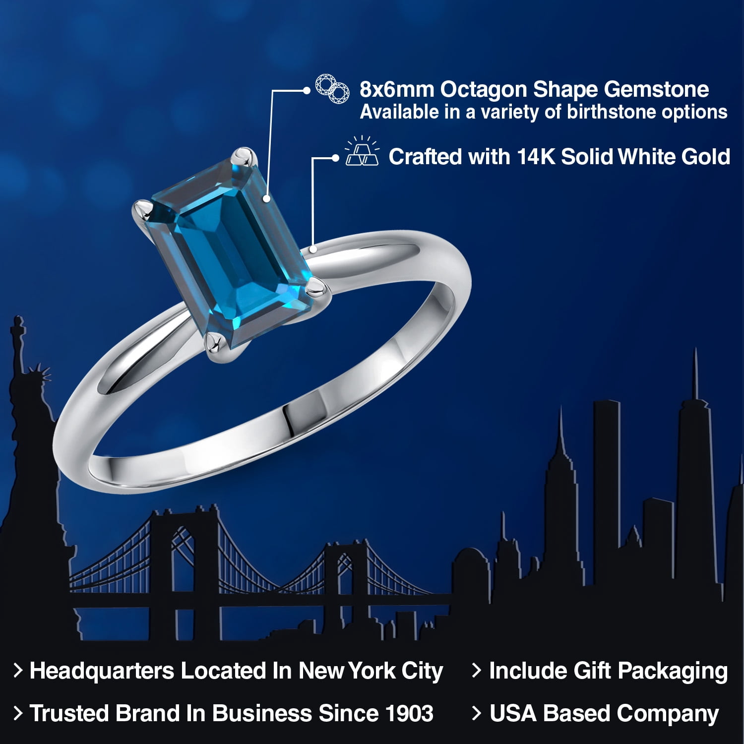Gem Stone King 14K White Gold London Blue Topaz Solitaire Engagement Ring for Women | 1.98 Cttw | Emerald Cut 8X6MM | Gemstone November Birthstone | Size 7