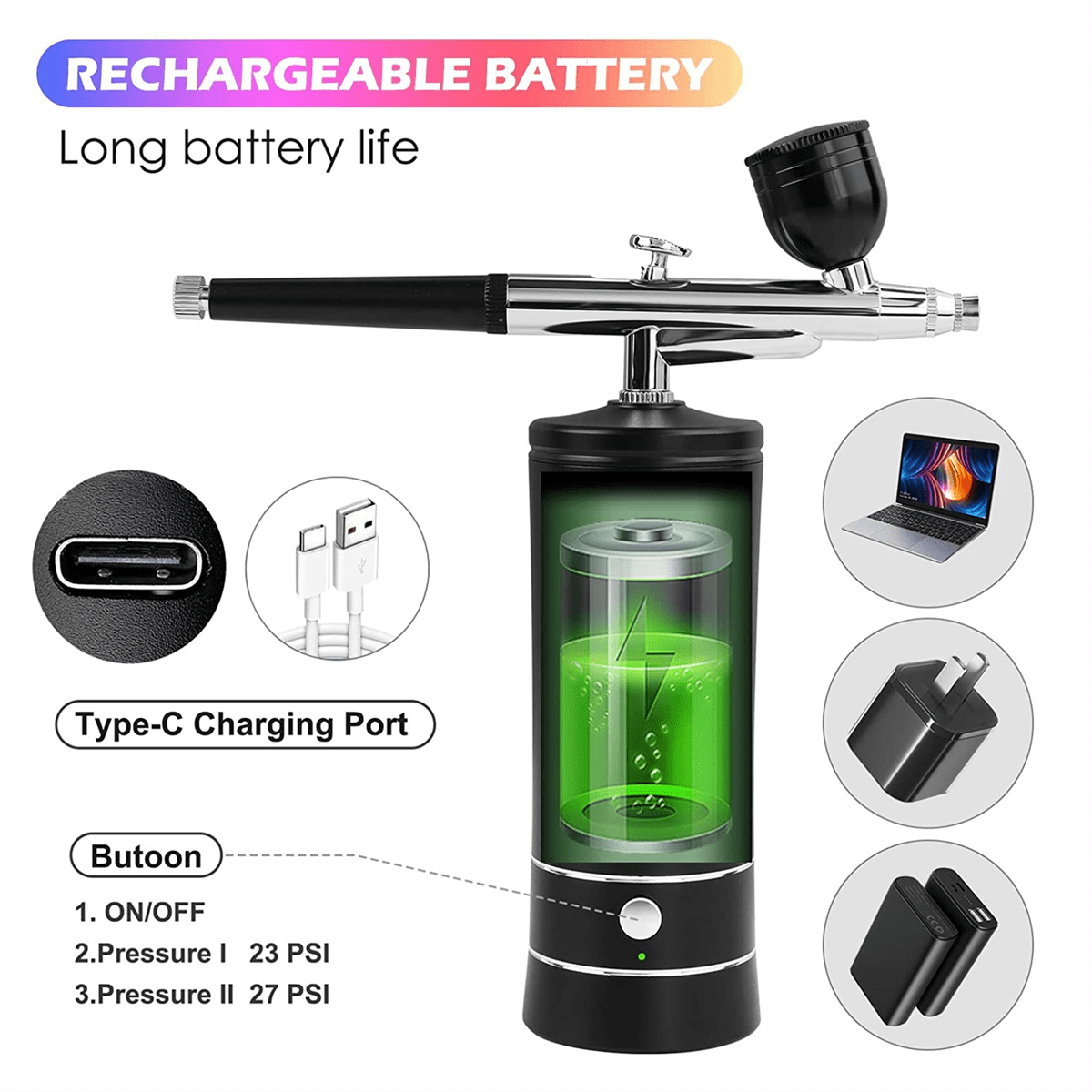 Kit with Compressor, Rechargeable Portable High Pressure Air Brushes with 0.3mm Nozzle