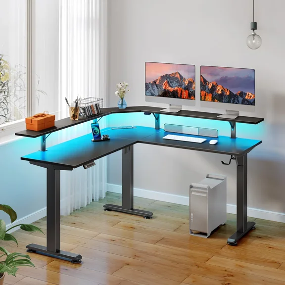 Greenstell Standing Desk L Shaped with LED Light and Power Outlet, Electric Height Adjustable Computer Office Desk Sit Stand Up with Monitor Stand, Black