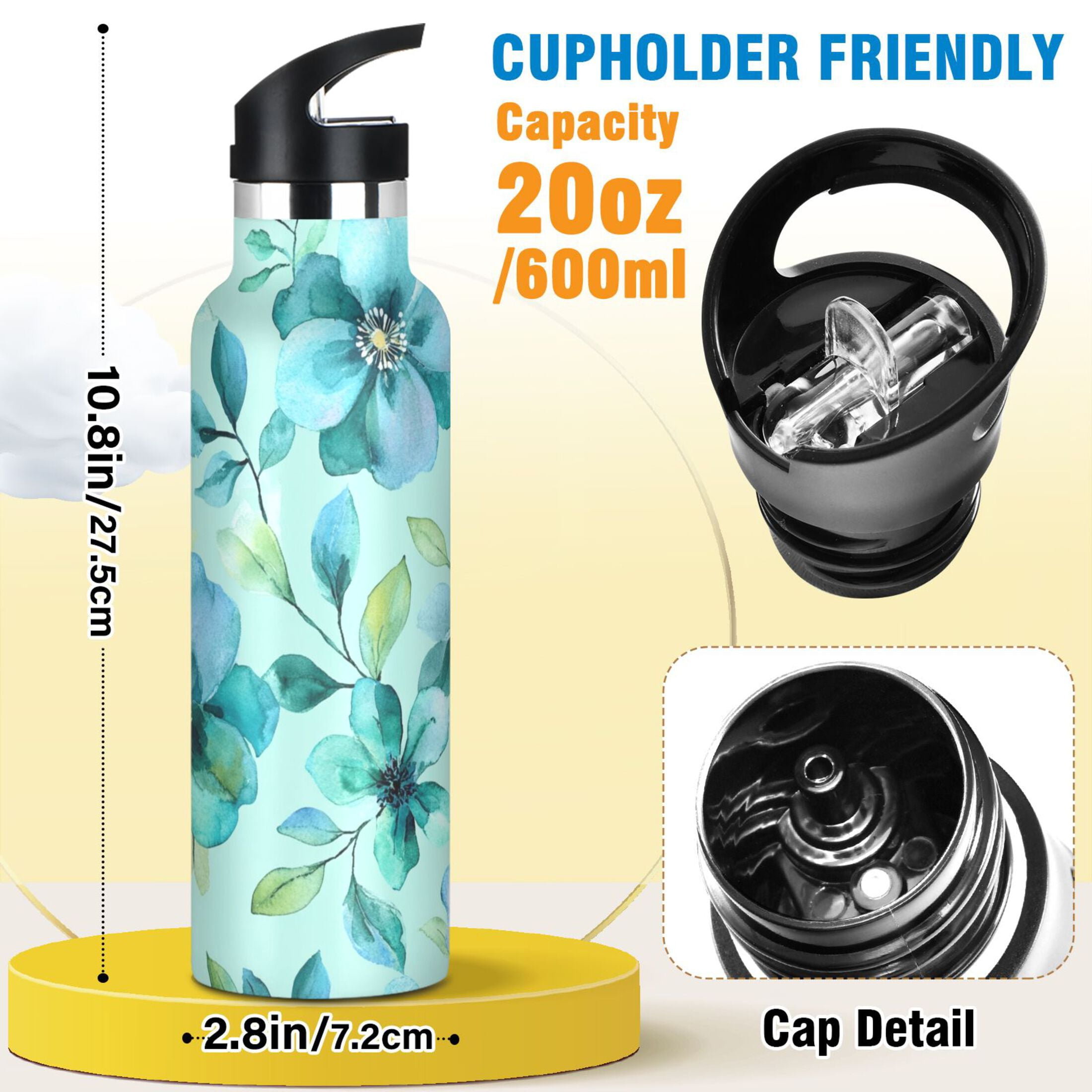 600ML Stainless Steel Insulated Cup Sports Water Bottle Portable Thermos Cup Water Glasses Insulated Tumblers Convenient and Durable Cartoon Navy Flowers