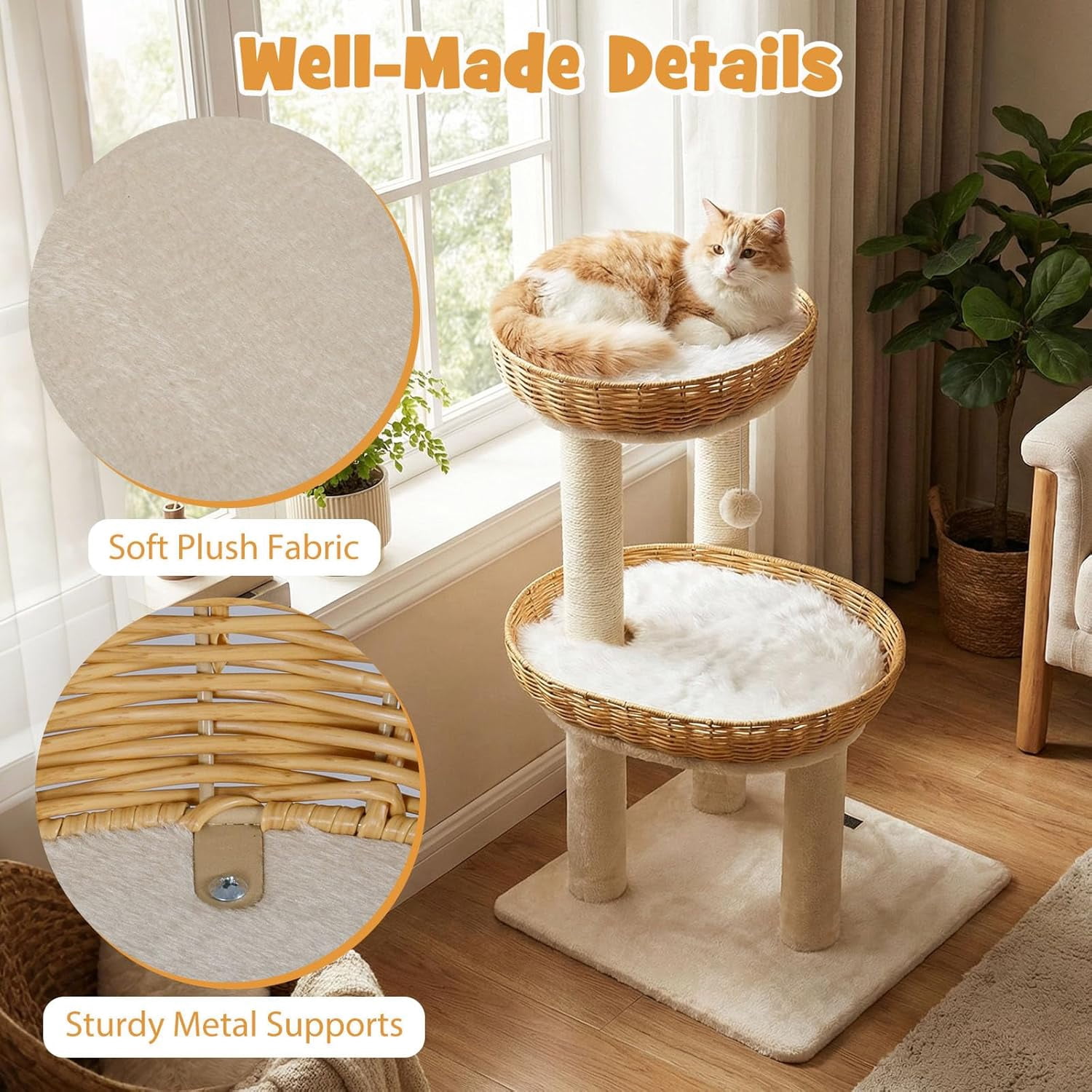 Hejuchuangli 30-inch Small   Cat Tree, Multi-Level Cute Cat Tower with Sisal Scratching Posts, 2 Comfy Large Perches with Soft Removable Pads, and Hanging Ball, Ideal for Indoor Cats and Kittens