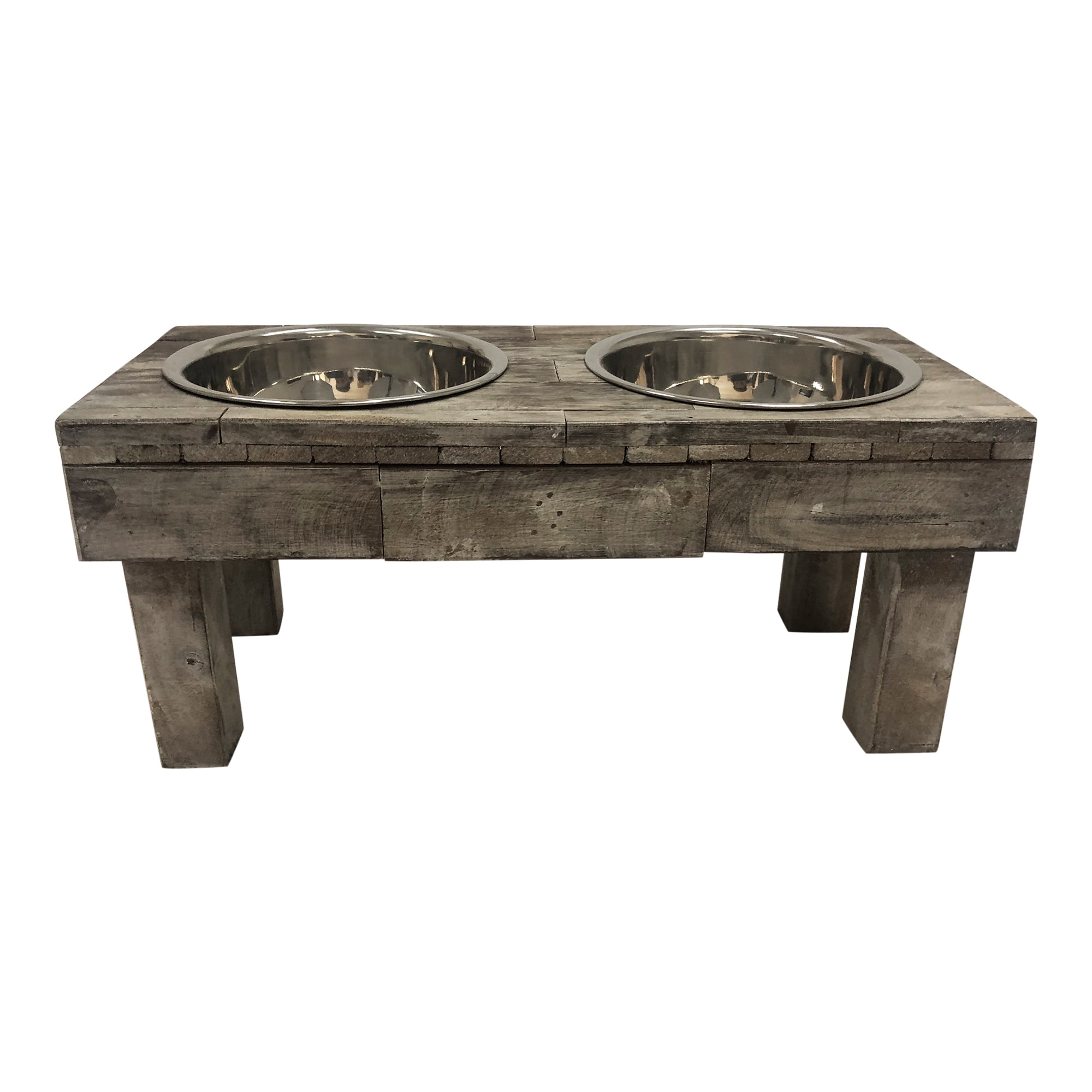 Huntley Pet Berjen Table Elevated Double Bowl Pet Feeder, Brown Wash (Small)