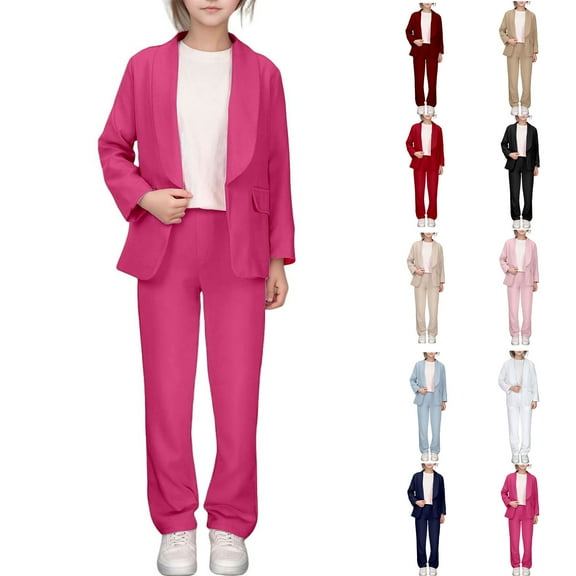 Gyexs Girls Suit Set Formal Long Sleeve Blazers Jackets and Dress Pants 2 Piece Outfits Kids Girl's Pant Sets Pink & Size 5-6 Years