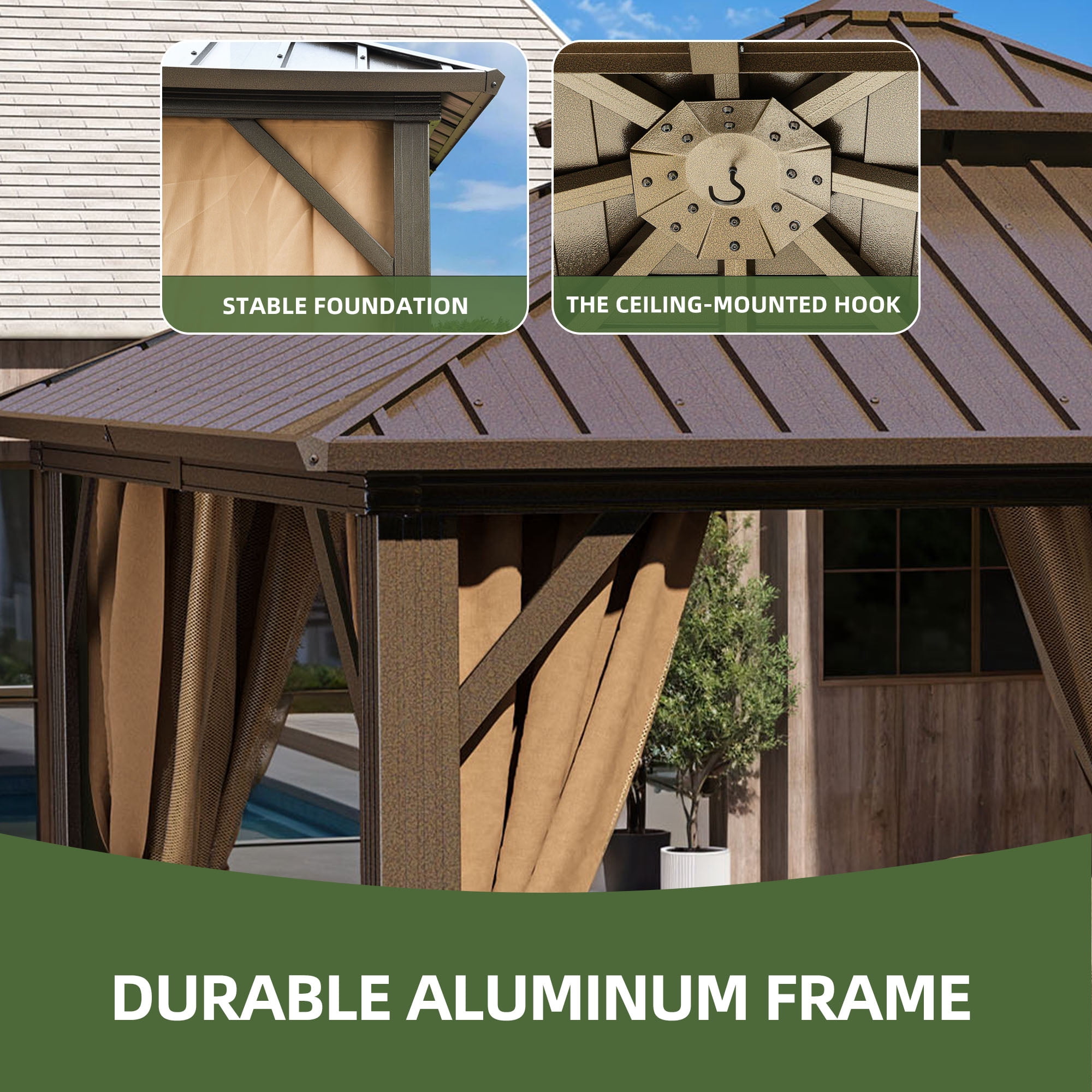 Uforic 10x10 FT Hardtop Gazebo, Heavy Duty Gazebo with Nettings and Curtains, Galvanized Steel Double Roof Gazebo,for Garden, Patio, Lawns,Bronze