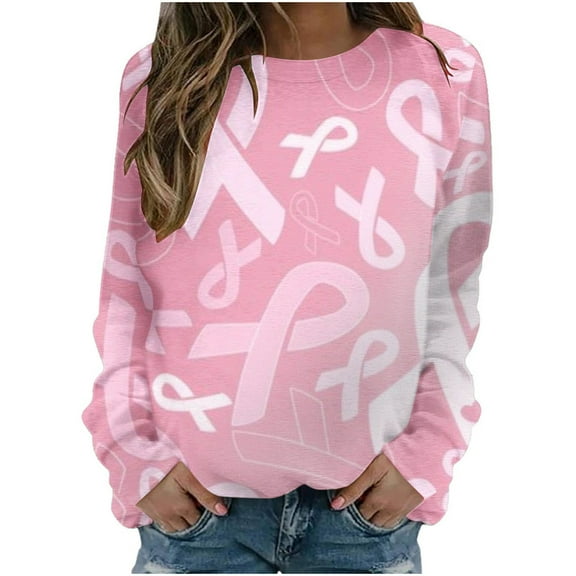 IROINNID Breast Cancer Sweatshirt for Women Pink Ribbon Casual Long Sleeve Round Neck Printed Ladies Sweatshirt Tops Blouse,Pink
