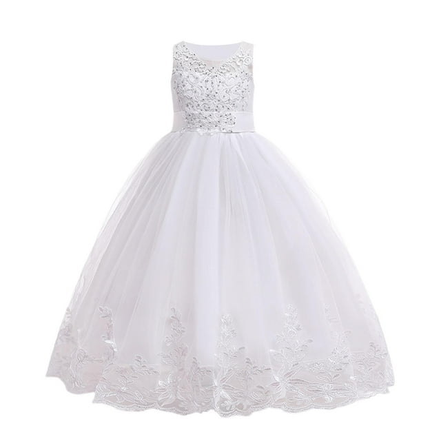 Robe de Fête d'Anniversaire pour Filles, Sans Manches à Col Rond avec Dos en Maille Brodée et Perlée, Robe de Princesse, Longue Robe Formelle pour 4-18 Ans