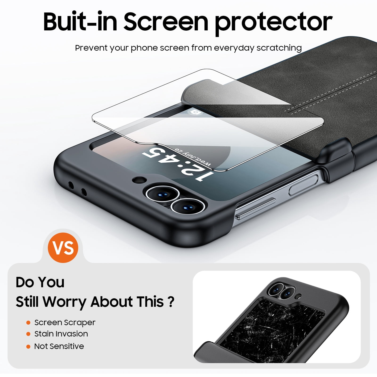 Oupeigar for Samsung Galaxy Z Flip 6/7FE Phone Case With Hinge Protection & Screen Protection,Ultra Thin Leather Shockproof Cover Case-Black