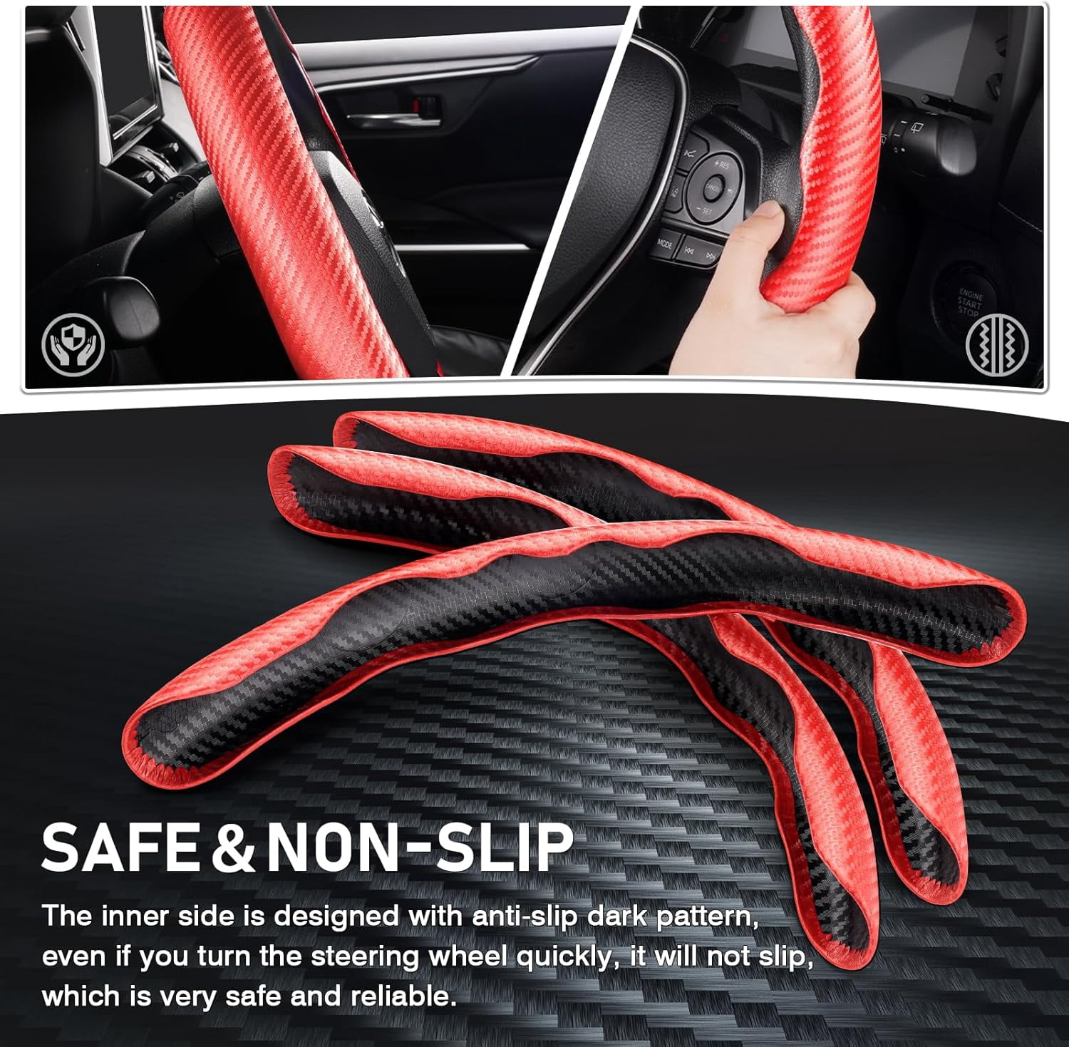 Canvcle 3 Piece Carbon Fiber Steering Wheel Cover, Car Steering Wheel Cover for Men/Women, Anti-Slip, Comfortable Grip, Durable, Universal for 99% Car Interior Accessories (Red)