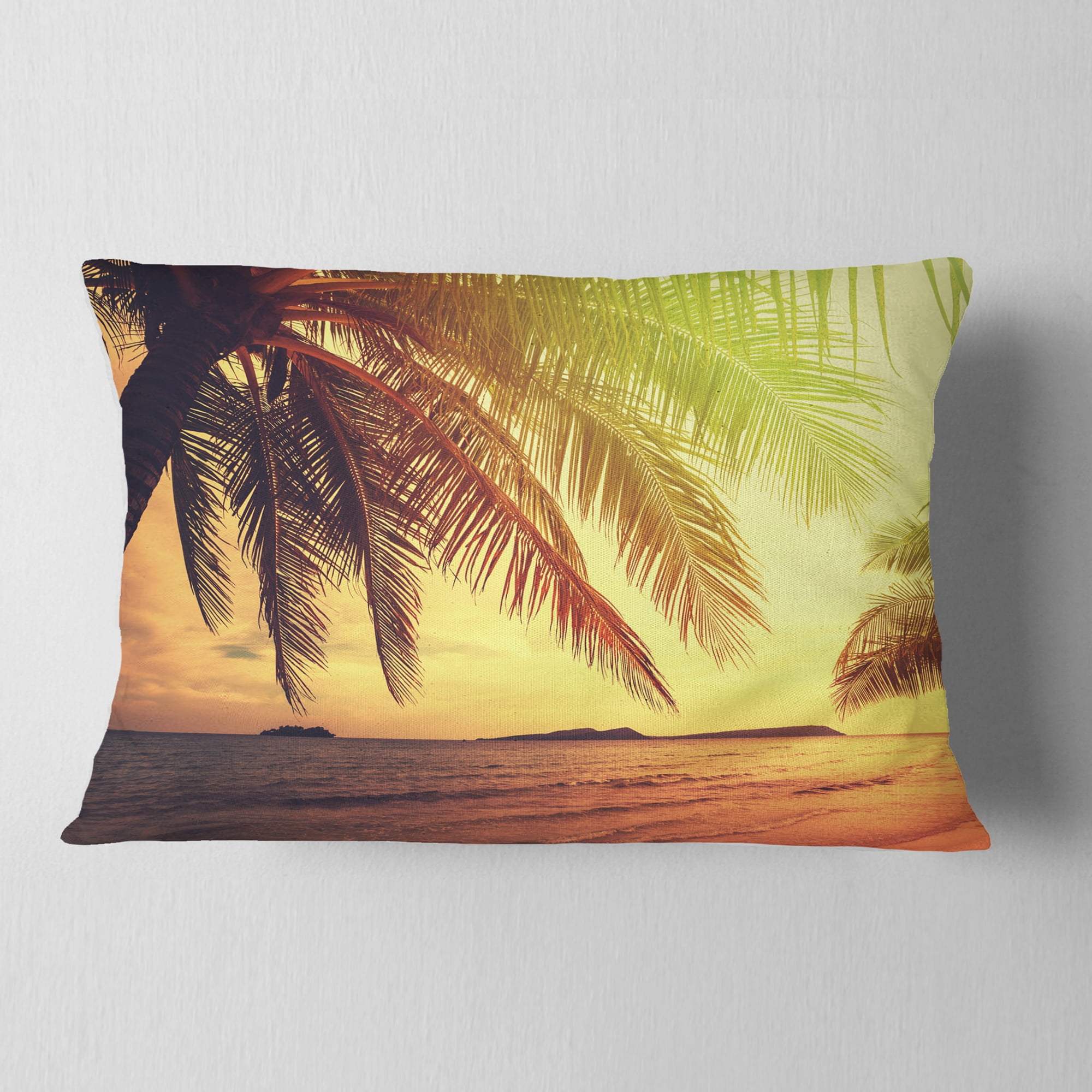 Designart Tropical Beach with Green Palm - Seashore Throw Pillow - 12x20