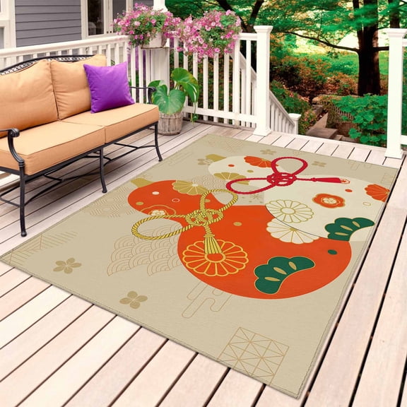 Khaki Gourd Outdoor Rug 5x8 Ft, Non Slip Washable Area Rug, Floral Modern Art Red Beige Patio Rugs Carpet Runner, Large Floor Mat for Indoor/Outdoor Deck Porch Camping
