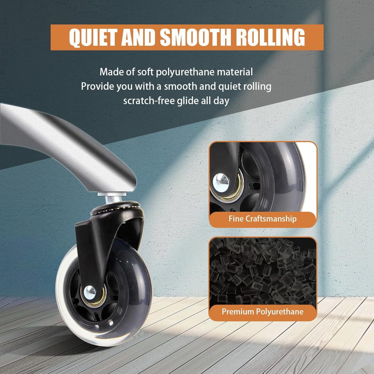 GoXteam Office Chair Wheels Roller Blade Caster Rubber Replacement for Office Transparent 3 Inch, Desk Rolling for Hardwood Floors Gaming Chair Wheels Smooth & Silence Gliding, 5Pcs