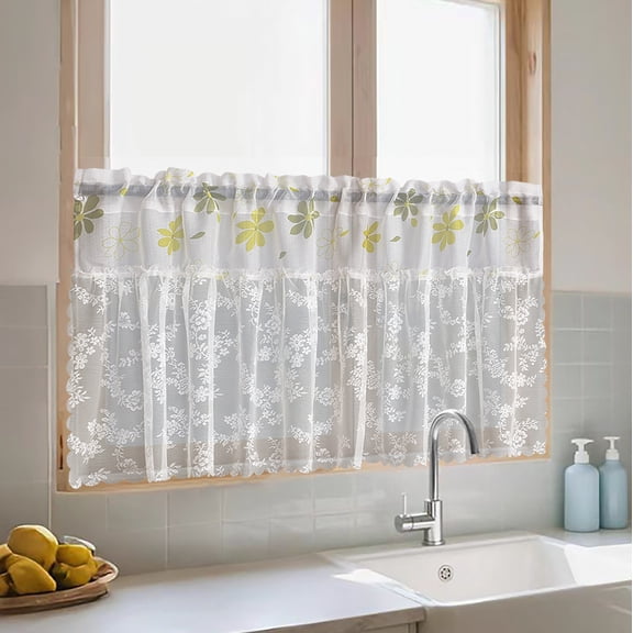 Country Style Shamrock Kitchen Curtain, 1 Panel Rod Pocket Floral Embroidery with Patchwork Lace Sheer Curtain